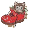 Die moderne Hausfrau Fensterbild-Stickerei aus Plauener Spitze Katze im Weihnachtsschuh
