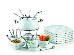 Die moderne Hausfrau Fondueset 1 x Fonduetopf, 1 x Spritzschutz, 1 x Rechaud mit Drehkarusell, 1 x Brenner, 6 x Fonduegabeln, 6 x Fonduelöffel, 6 x Schälchen, 6 x Fondueteller