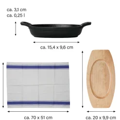Die moderne Hausfrau Freyersbacher Kleine Gusseisenpfanne Oval 14x9 cm, Emaille Servierpfanne | Mit Brett und Tuch
