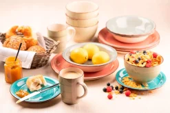 Die moderne Hausfrau Geschirr-Set, Steingut Lumaca Koralle /Grau /Grün /Blau