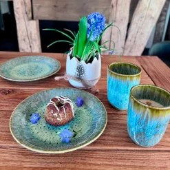 Die moderne Hausfrau Kaffeebecher-Set, Steinzeug Flussufer blau, grün, braun