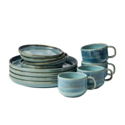 Die moderne Hausfrau Kaffeeservice, Steinzeug TIEFER SEE Blau / Grün
