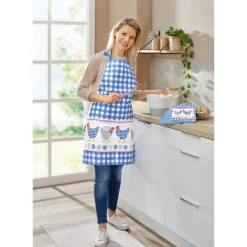 Die moderne Hausfrau Küchentextilien-Set Schürze & Topflappen „Hühner“, 3-teilig