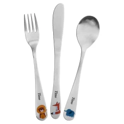 Die moderne Hausfrau Kinderbesteck personalisiert mit Namen, 3-teilig bunt bedruckt