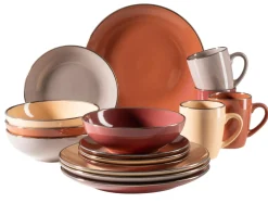 Die moderne Hausfrau Kombiservice, Steinzeug METALLIC RIM Rot, Braun, Orange, Beige