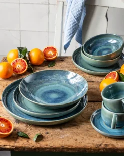 Die moderne Hausfrau Speiseteller-Set, Steinzeug TIEFER SEE Blau / Grün