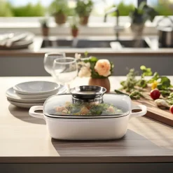 Die moderne Hausfrau STONELINE Servierpfanne Eckig 20 cm Creme | mit Deckel