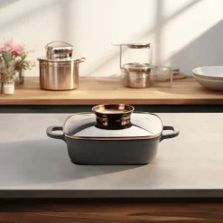 Die moderne Hausfrau STONELINE Servierpfanne Eckig 20 cm Roségold | mit Deckel